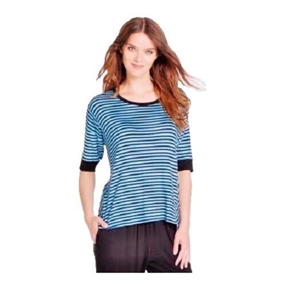 (NWT) DKNY Women's Soft Striped Relaxed Pajama Top, Black/Blue Size S